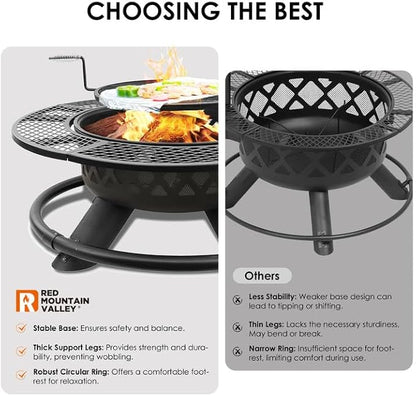 Red Mountain Valley 47" Outdoor Fire Pit with Adjustable Grill, 2-in-1 Metal Outdoor Fireplaces, Large Patio Wood Burning Fire Pits for Outside, Ideal for Backyard, Patio, Party