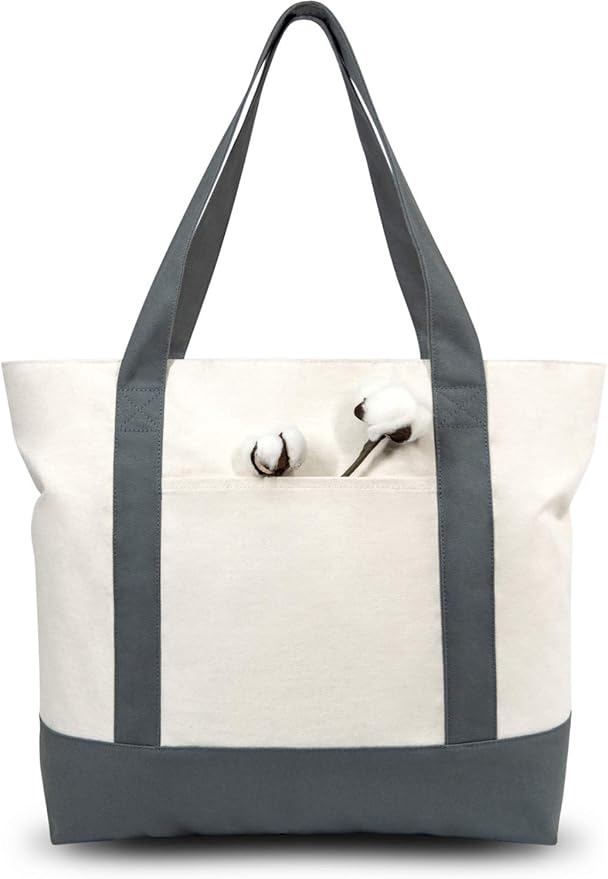TOPDesign 3-Pack Canvas Tote Bags with an External Pocket, Reusable Grocery Shopping Bags, Top Zipper Closure, Daily Essentials (Grey/Natural)