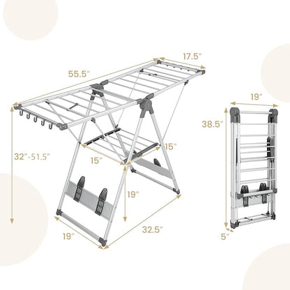 Tangkula Collapsible Clothes Drying Rack, 2-Layer Space-Saving Aluminum Drying Rack w/Adjustable Wings, Folding Laundry Drying Rack for Indoor & Outdoor Use