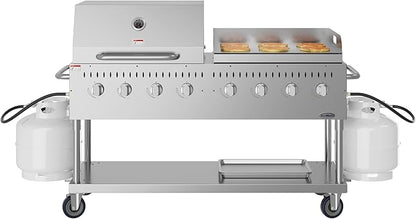 60 in. 8-Burner Commercial Outdoor Propane Gas Grill with 30 in. Roll Dome Cover and 30 in. Griddle in Stainless-Steel, ETL Listed (CGKIT6-D30G30)