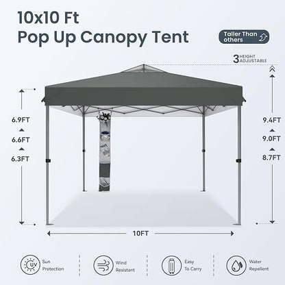 PHI VILLA 10x10ft 1-Person Setup Pop Up Canopy Tent Instant Portable Shelter w/ 1-Button Push, Case, 4 Weight Bags - Gray
