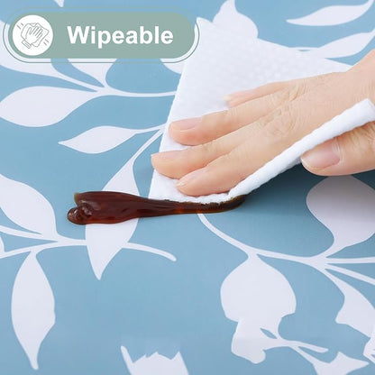 misaya Rectangle Waterproof Vinyl Table Cloth, Wipeable Tablecloth with Flannel Backing, Plastic Table Cover for Dinner, Picnic, Indoor and Outdoor (Blue Leaves, 60" x 102")