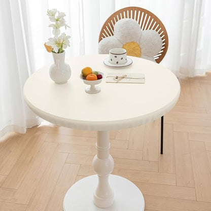 Round Fitted PU Tablecloth with High Elastic Edge 24 Inch Dia Waterproof Oil Proof Table Cloth Anti-Scald Stain-Resistant Wipeable Table Cover for Indoor Outdoor Picnic (Cream,24" Dia)