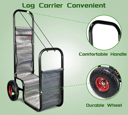 Firewood Cart with Pneumatic Wheel: 44 X 27 X 20 in Heavy Duty 220 lbs Load for Garden Backyard Fireplace Men Women Use