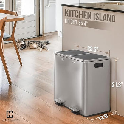 CAPHAUS Dual Trash Can with Double Lid, Trash and Recycle Bins Combo, Hands-free Stainless-Steel Garbage Can for Kitchen, with 2 Compartment, Hinged Lid, Odor Filters, Handles, 25L+25L, 2 x 6.6 Gallon