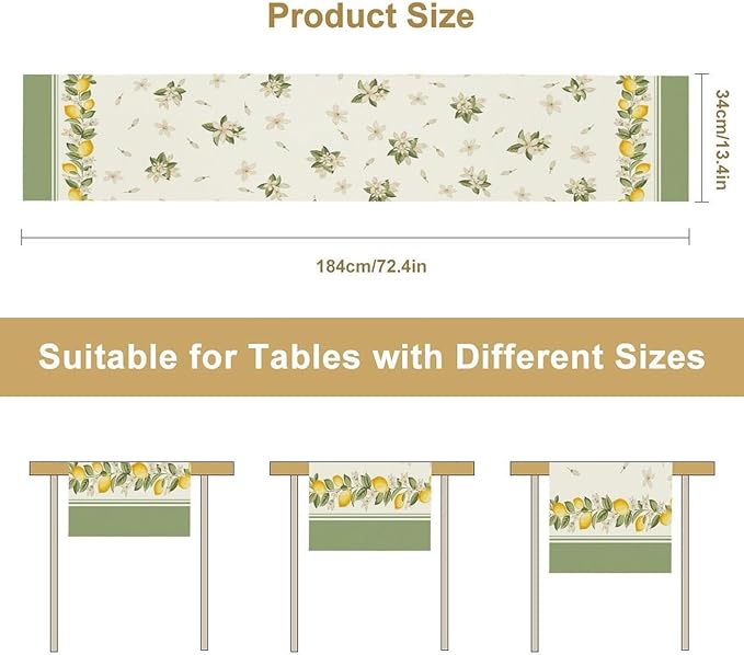 Lemon Spring Table Runner, Farmhouse Rustic Summer Flower Leaves Table Cover for Home Kitchen Dining Room Table, 13x108inch