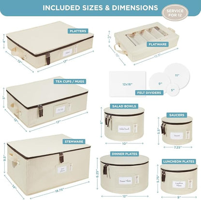 China Storage Hard Shell Containers 8-Piece Set Moving Boxes for Dinnerware, Glasses, Plates, Mugs and Saucers Sturdy Dish Organizer with Dividers for Seasonal Storage - Service for 12 - Beige