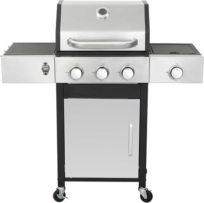 3-Burner Gas Grill with Side Burner, 37230 BTU Outdoor BBQ, Large Cooking Area with Enameled Cast Iron Grates, Locking Wheels & Foldable Side Tables for Patio & Backyard(3+1 Burner)