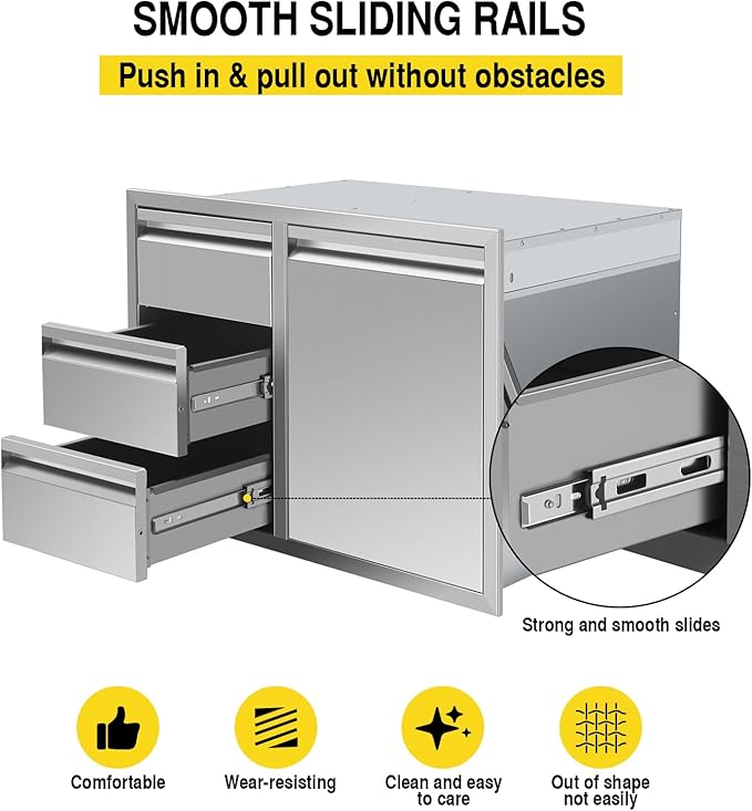 Outdoor Kitchen Drawer Combo, Stainless Steel Triple Drawers & 2 Trash Can Drawers,Enclosed Built-in Drawer Flush Mount For Outdoor Kitchens & BBQ Islands ﻿ ﻿,G2