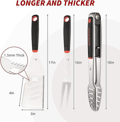 BBQ Tools Set, 4 PCS Heavy Duty Stainless Steel Spatula, Fork, Tongs with Portable Bag, Essential Accessories for Barbecue Outdoor Grill, Grilling Gifts for Men Dad Camp Chef