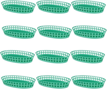 TrueCraftware- 7-7/8" Plastic Oval Fast Food Basket Green Set of 12- Fry Fast Food Baskets Oval -Shaped Tray for Fast Food Restaurant Supplies Deli Serving Chicken Burgers Sandwiches & Fries