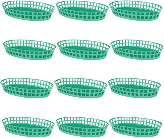 TrueCraftware- 7-7/8" Plastic Oval Fast Food Basket Green Set of 12- Fry Fast Food Baskets Oval -Shaped Tray for Fast Food Restaurant Supplies Deli Serving Chicken Burgers Sandwiches & Fries