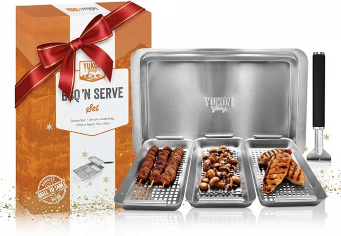 Yukon Glory BBQ Vegetable Grill Basket Set, Stainless Steel, 3 Baskets with Drip Tray & Removable Handle for Fish, Shrimp & Veggies