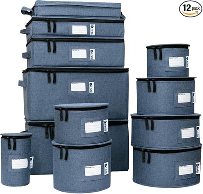 China Storage Hard Shell Containers 12-Piece Set Moving Boxes for Dinnerware, Glasses, Plates, Mugs and Saucers Sturdy Dish Organizer with Dividers for Seasonal Storage - Service for 12 - Denim Blue