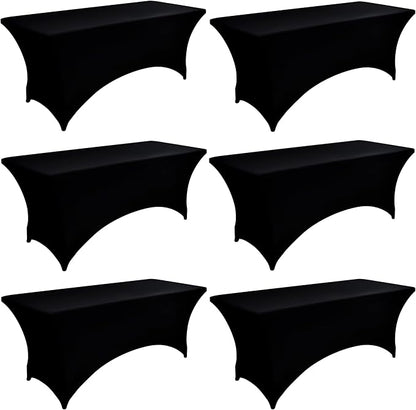 6-Pack 4ft Spandex Black Table Covers for Rectangular Folding Tables - Wrinkle Resistant Stretch Tight Table Cloths - Ultimate Fitted Table Protector for Parties, Trade Shows, and Wedding
