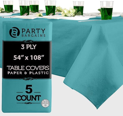 PARTY BARGAINS 54" X 108" Paper & Plastic Table Covers, Turquoise, 5 Pack