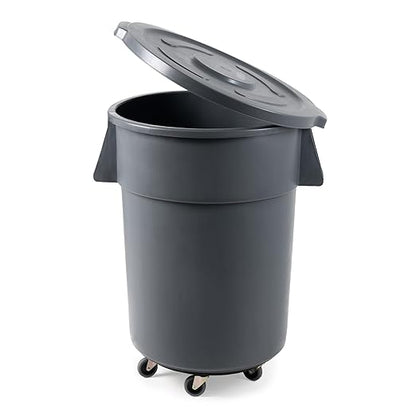 PRO&Family Commercial Round Trash Can with Lid and Dolly Rolling Waste Container, Ingredient Bin, Heavy-Duty Plastic, Anti-Static, Kitchen, Office, Outdoor Use (Gray, 55 Gallon)