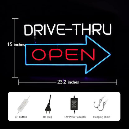 JFLLamp Large Drive Thru Open Neon Signs for Wall Decor Neon Lights for Bedroom Led Signs Suitable for Drive Thru Open Office Man Cave Bar Christmas 12V Power Adapter, 23.2*15Inch(Red + Blue+ White)