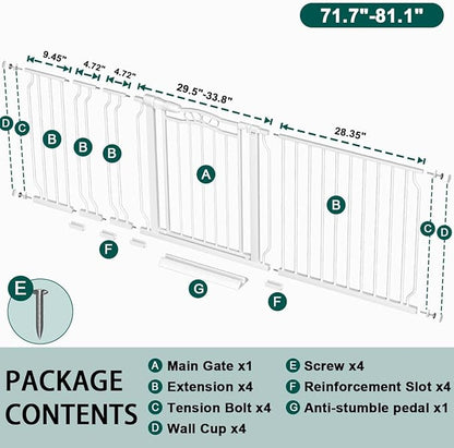 Fairy Baby 71.7"-81.1" Extra Wide Baby Gate with Door, Long Dog Gate for The House Doorway Stairs, Pressure Mounted Safety Gate for Child Kid, Auto Close Metal Pet Barrier with Arch Design, White