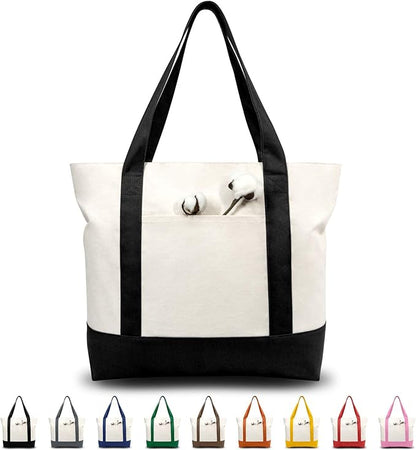 TOPDesign 1 | 3 | 6 | 30 Pack Canvas Tote Bag with an External Pocket, Reusable Grocery Shopping Bag, Top Zipper Closure, Daily Essentials (Black/Natural Pack of 1)