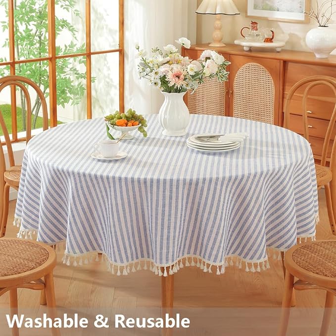 TruDelve 70 Inch Round Tablecloth Blue and White Striped Cloth Tablecloths Circle Fabric Outdoor Tablecloths for Round Tables (Blue,70",Round)