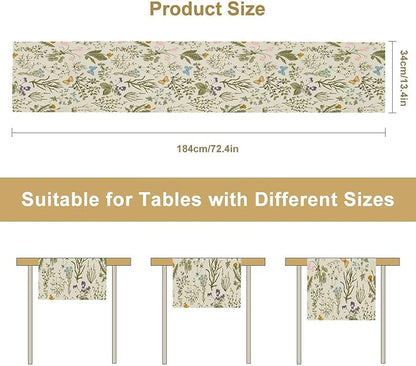 Vintage Wildflower Table Runner,Spring Floral Herbs Botanical Summer Butterfly Print Table Runner for Kitchen Dining Table Home Party Decor 13x120in