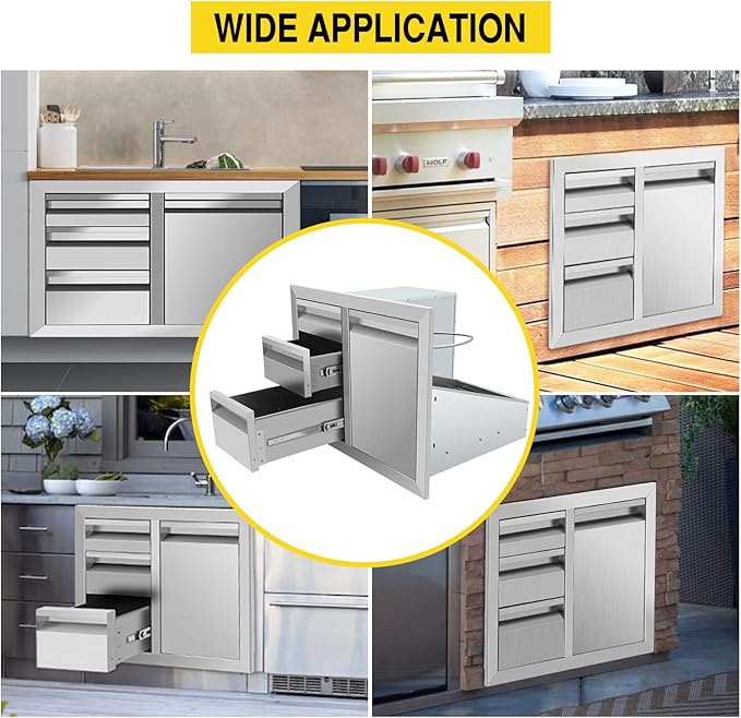Outdoor Kitchen Drawer Combo, Stainless Steel Triple Drawers & 2 Trash Can Drawers, Enclosed Built-in Drawer Flush Mount For Outdoor Kitchens & BBQ Islands,G1