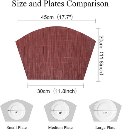 SHACOS Small Round Table Placemats Set of 4 Wedge Placemats Burgundy Red Heat Resistant Table Mats Wipe Clean (4, Burgundy Red)