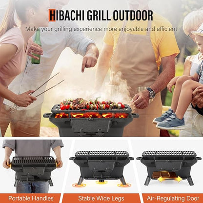 Hibachi Grill Outdoor, Portable Mini Charcoal Grill, Pre-Seasoned Cast Iron, Small Japanese Yakitori Tabletop Skillet Grill Stove for Outdoor Camping