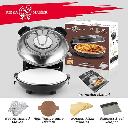 KLAIF 12" Electric Countertop Pizza Oven Indoor With Ceramic Stone, Dual Adjustable Temperature Controls, Includes 4 Pizza Tools, LMR-Black