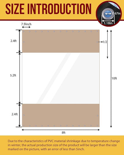 FoundGo 10'Hx08'W Outdoor Vinyl Curtains for Patio,19oz Clear Vinyl Patio Enclosure,Heavy Duty Clear Tarps Waterproof Vinyl Tarp with Grommets for Pergola, Porch,Gazebos,Balcony,-4℉ Cold Resistant