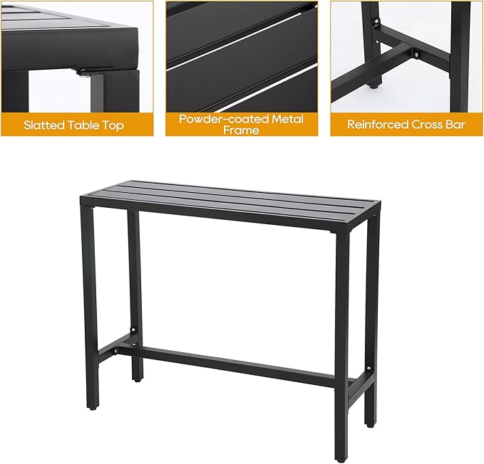 Outdoor Patio Bar Set, Bar Height Patio Dining Set, Weather-Resistant Bistro Counter Pub Set with Cushions & Slatted Tabletop for Backyard, Garden, Yard (47" Table, 2 "I Style Stool, Black)
