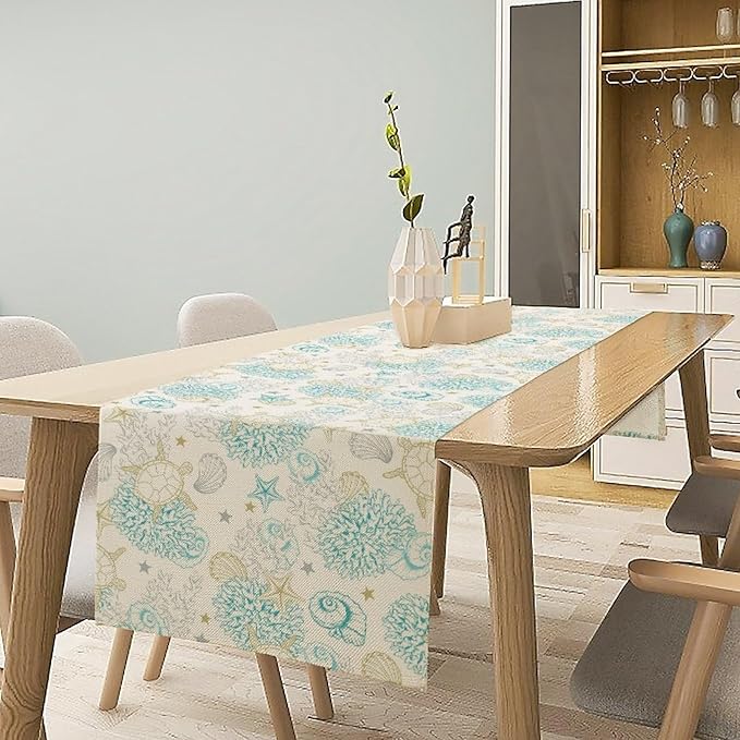Ocean Coastal Table Runner, Nautical Summer Beach Coral Sea Turtle Table Runner for Kitchen Coffee Dining Bedroom Living Room Dinner 13x60in