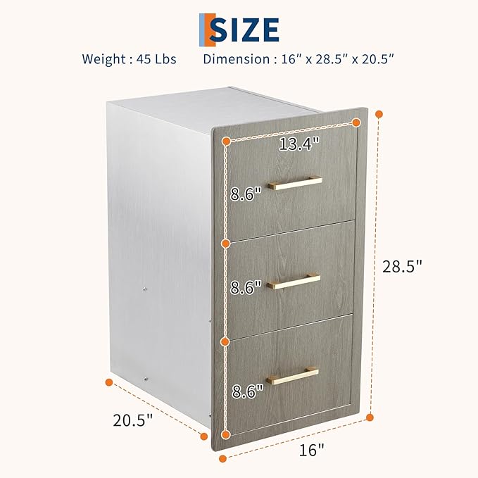 Stainless Steel Outdoor Kitchen Triple Drawers 16" W x 20.5" D x 28.5" H - Heavy Duty with Handles, Weather-Resistant Flush Mount for BBQ Island, Patio Grill & Outdoor Cooking Space