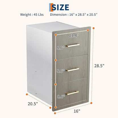 Stainless Steel Outdoor Kitchen Triple Drawers 16" W x 20.5" D x 28.5" H - Heavy Duty with Handles, Weather-Resistant Flush Mount for BBQ Island, Patio Grill & Outdoor Cooking Space