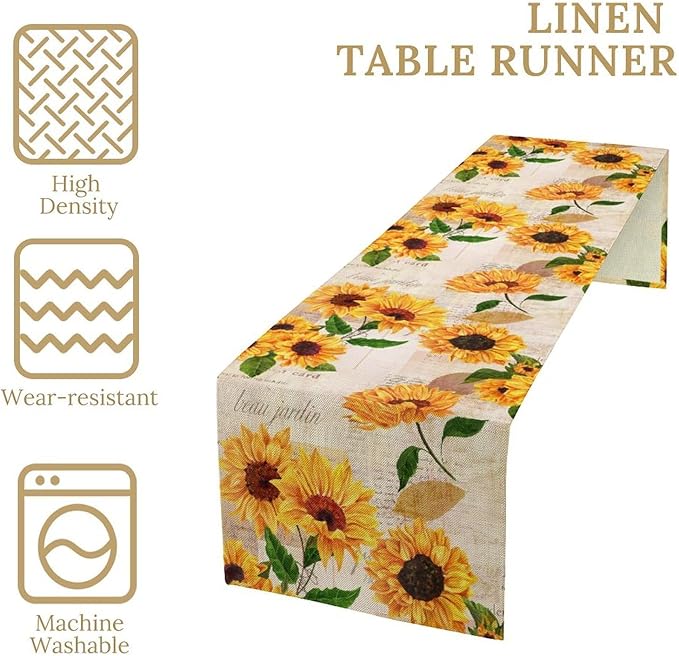 Retro Sunflower Table Runner, Vintage Newspaper Sunflower Blossoms Rustic Farmhouse Flower Table Cover for Kitchen Dinning Party Holidays Decor, 13x120inch