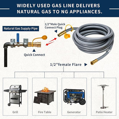 ABYDA 10Feet 1/2" ID Natural Gas Hose Low Pressure LPG Hose with Quick Connect -for BBQ, Grill, Pizza Oven, Patio Heater, and More - Propane to Natural Gas Conversion Kit - CSA Certified