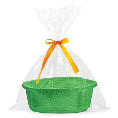 Pro Goleem Small Woven Basket with Gift Bags and Ribbons Durable Baskets for Gifts Empty Small Rope Basket for Storage 12"X 8" X 5" Baby Toy Basket with Handles, Grass Green