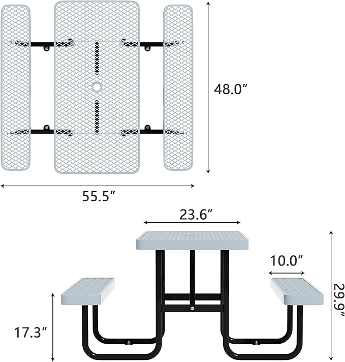4 FT Heavy Duty Picnic Table with 2 Benches, Expanded Metal Outdoor Patio Dining Table with Umbrealla Hole Commercial Picnic Table,Rectangular Table Furniture Set for Garden, Lawn, Parks