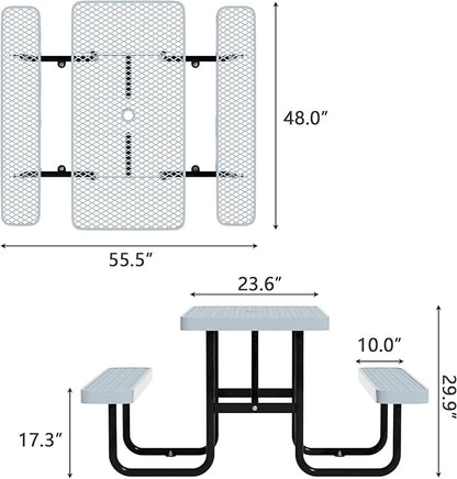 4 FT Heavy Duty Picnic Table with 2 Benches, Expanded Metal Outdoor Patio Dining Table with Umbrealla Hole Commercial Picnic Table,Rectangular Table Furniture Set for Garden, Lawn, Parks