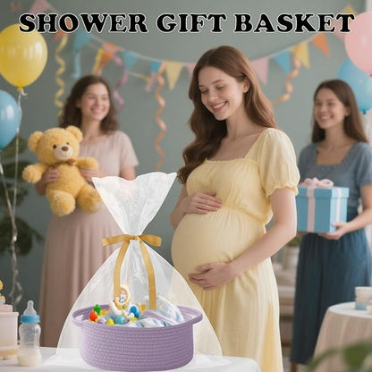 Gift Basket with Gift Bag and Ribbons,Small Rope Woven Shelf Storage,Baskets for Gifts Empty,Birthday,Baby Shower,Decorative Organizer Box with Handles(Purple)