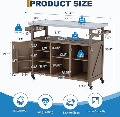 Garvee Outdoor Grill Cart with Storage, Outdoor Bar Cart Rolling BBQ Movable Pizza Oven Table Stand, Kitchen Island Carts with Stainless Steel Top, Spice Rack, Towel Rack & Storage Cabinet, Coffee