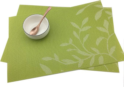 Gugrida Place Mats PVC Set of 6, Table Placemats Set of 6 PVC Woven Vinyl Place Mats Table Mats Natural Color (6 pcs, Green Leaves)