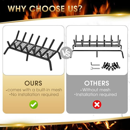 G GOOD GAIN Fireplace Grate with Ember Retainer, 26" Heavy Duty Steel Indoor, Chimney Hearth Wood Stove Rack Holder,1/2 Bar Fire Place Asseccories for Outdoor, Fire Pits, Camping.