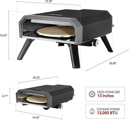Outdoor Pizza Oven with 13-Inch Pizza Stone, 13,000 BTU, Portable Propane Gas Pizza Maker with Collapsible Legs for Backyard, Outdoor, Handmade Pizza, Black, GP1301-SC