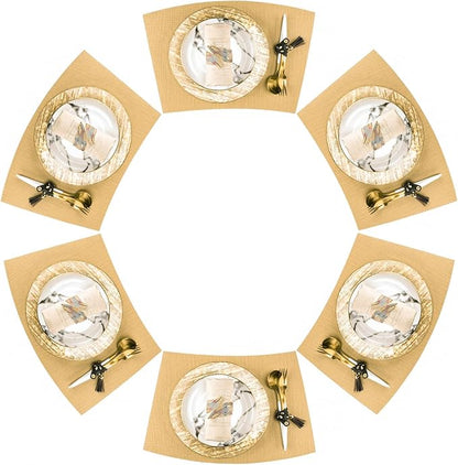 Faux Leather Placemats, Heat Resistant PU Table Mats Set of 6, Waterproof Oil-Proof Wipeable Reversible Place Mats for Kitchen Dining Table, Easy to Clean (Gold, Round Table)