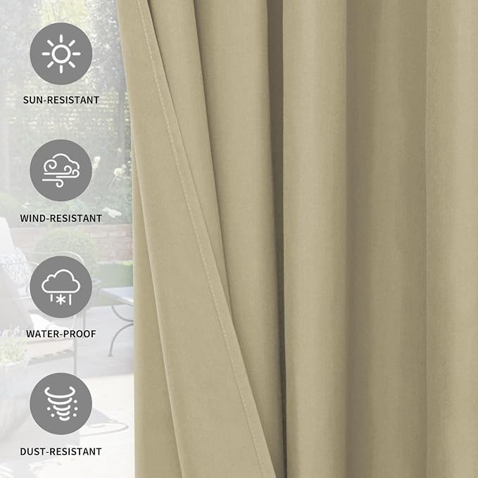 Easy-Going 100% Waterproof Outdoor Curtains 54x96 inch, Khaki | Windproof - Image 5