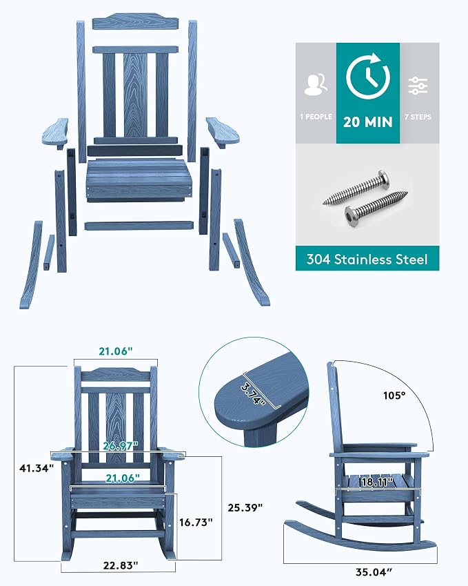 SERWALL Outdoor Rocking Chairs Set of 2, Oversized Patio Rocker Unique Blue | - Image 5