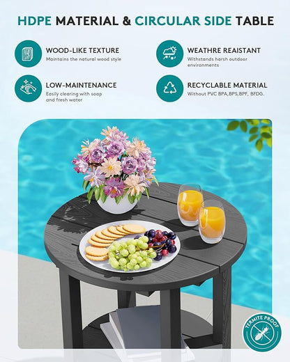 SERWALL Round Outdoor Side Table Set of 2, HDPE Small Adirondack Double End Table, Gray
