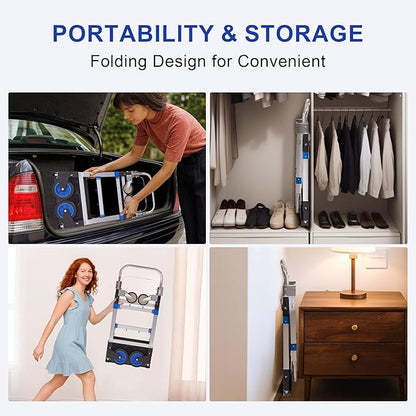 Upgraded 3 in 1 Aluminum Folding Hand Truck, 600lbs Capacity, Heavy Duty Convertible Dolly with Retractable Handle and 4 Rubber Wheels, Collapsible Cart for Moving Home, Office, Warehouse (Blue)